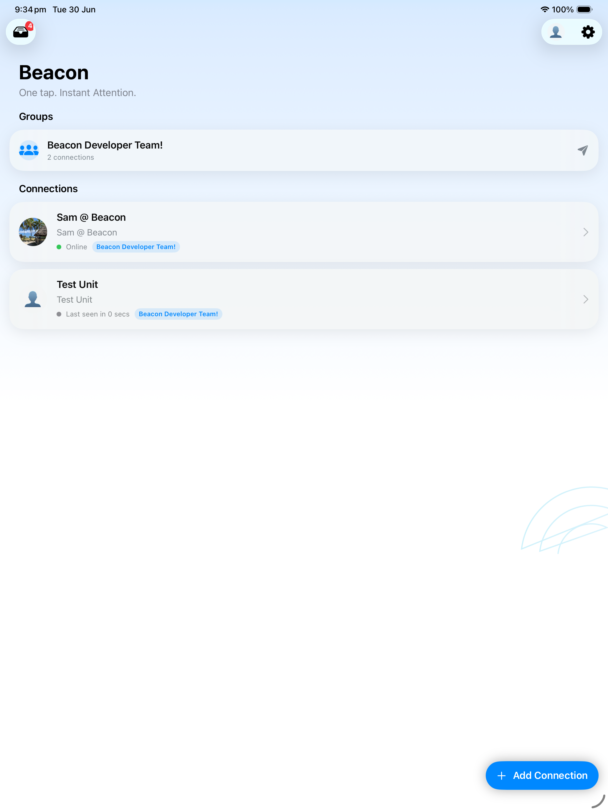 Beacon connections and groups on iPad in portrait orientation